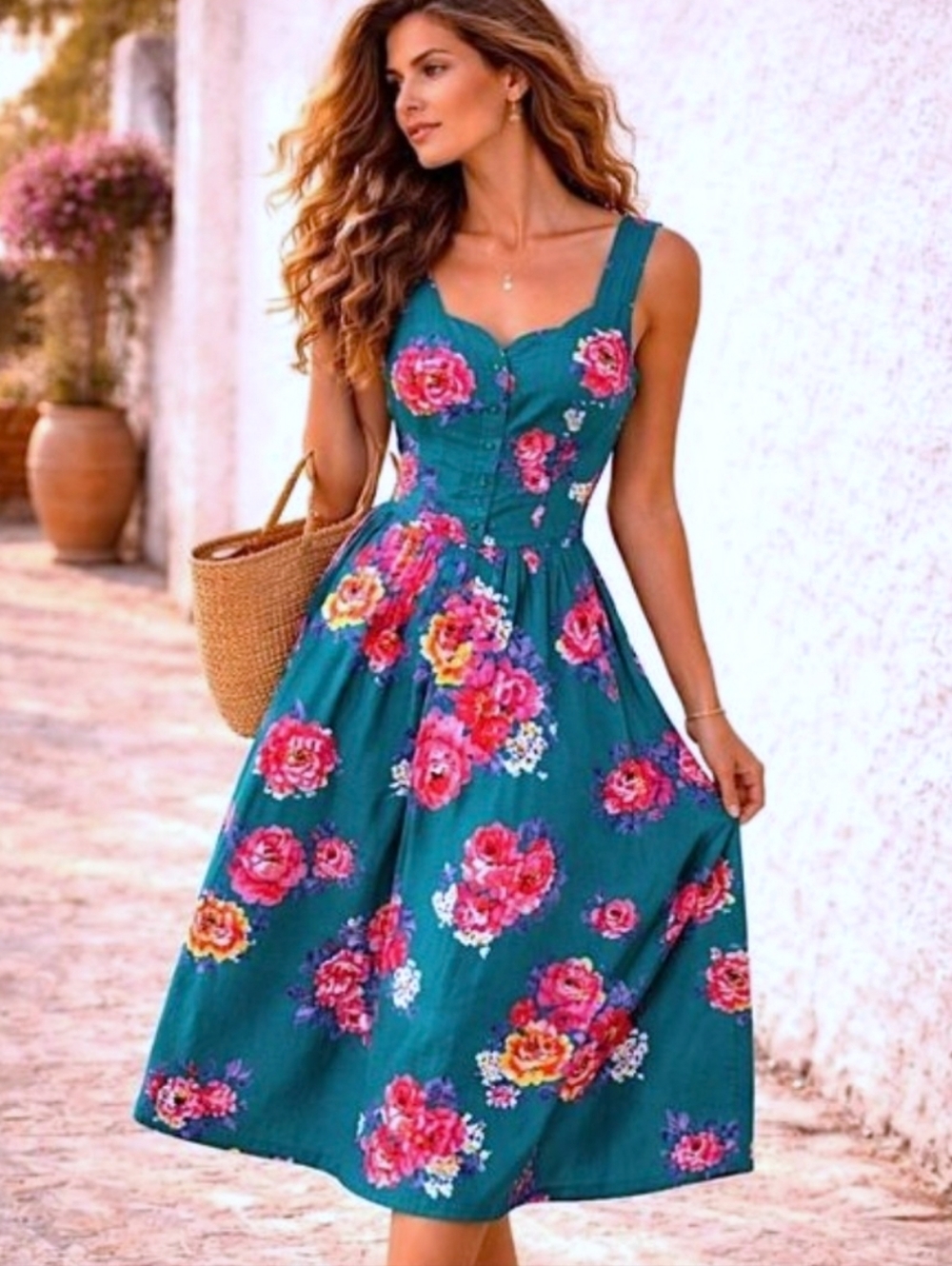 Vtg 90s Walden Classics L Teal Floral A-Line Midi Dress Button Bodice Belt Waist
